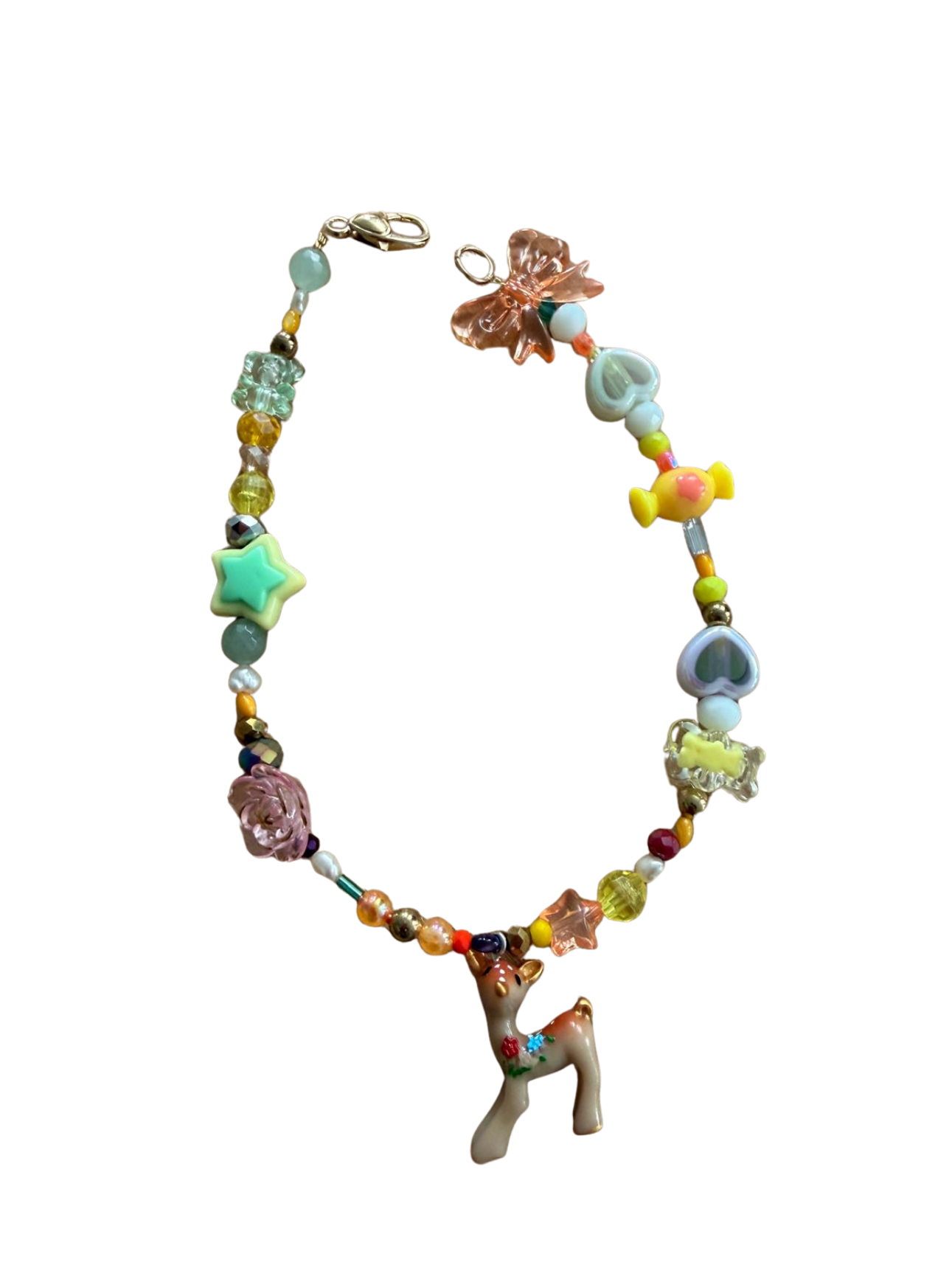 Colourful handmade necklace with a little deer charm